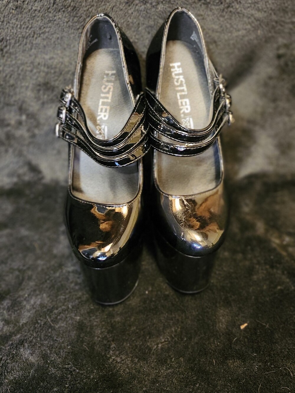 Hustler Hollywood Black Patent Triple-Strap Platform Mary Janes
